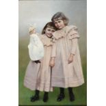 Alfons Sporrer. Um 1900. Sign. und (18)95 dat. Portrait zweier kleiner Mädchen mit Puppe. Öl/Lwd.