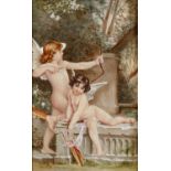 Porzellanmaler um 1900. Monogr. MF und (18)98 dat. Zwei Amoretten an einem Brunnen. 29 x 18,5 cm. R