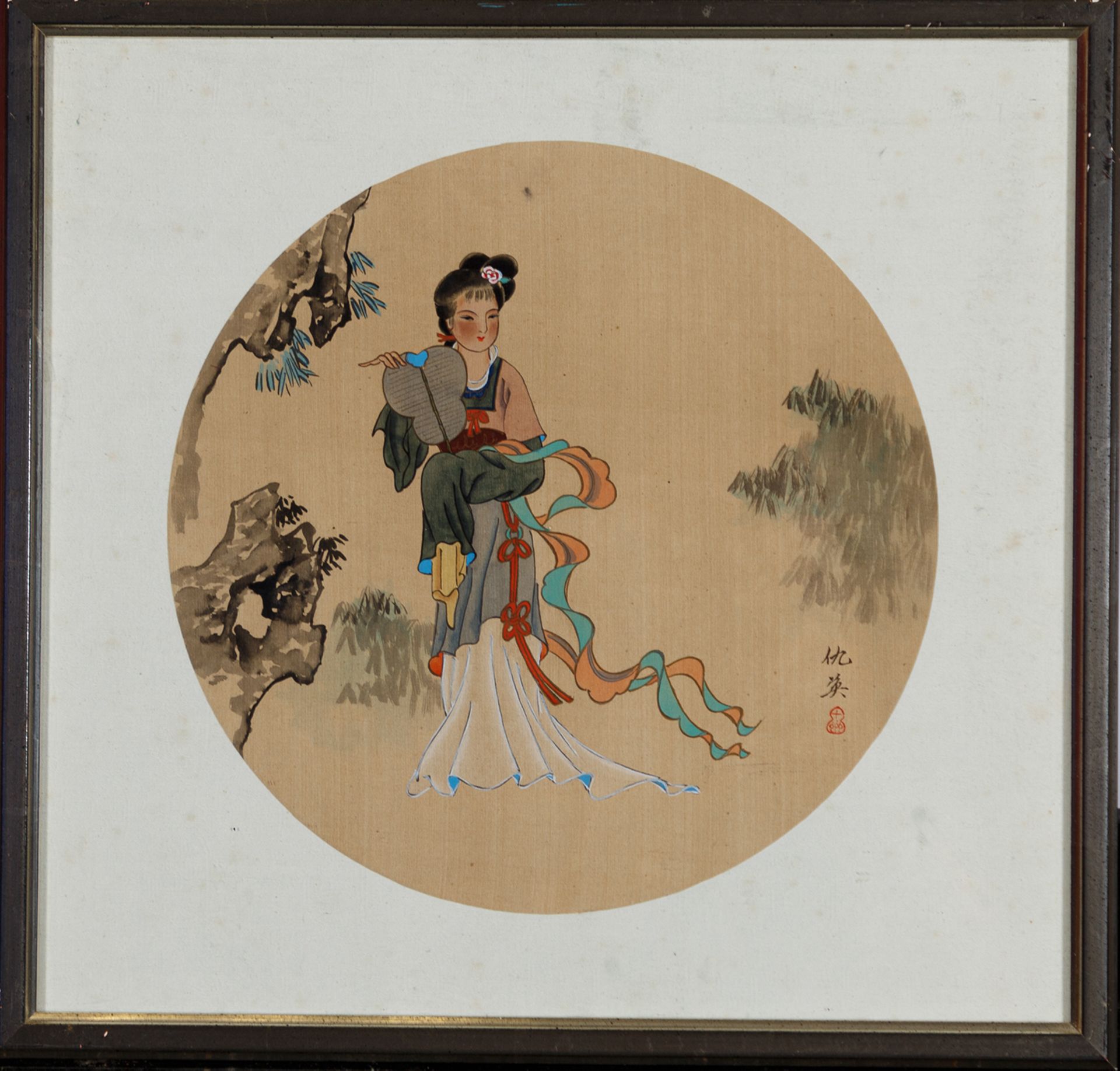 Satz von vier Fächerbildern. Polychrome figurale Malerei auf Seide. China. Ø 26,5 cm. Jew. mit Gl. - Image 3 of 5