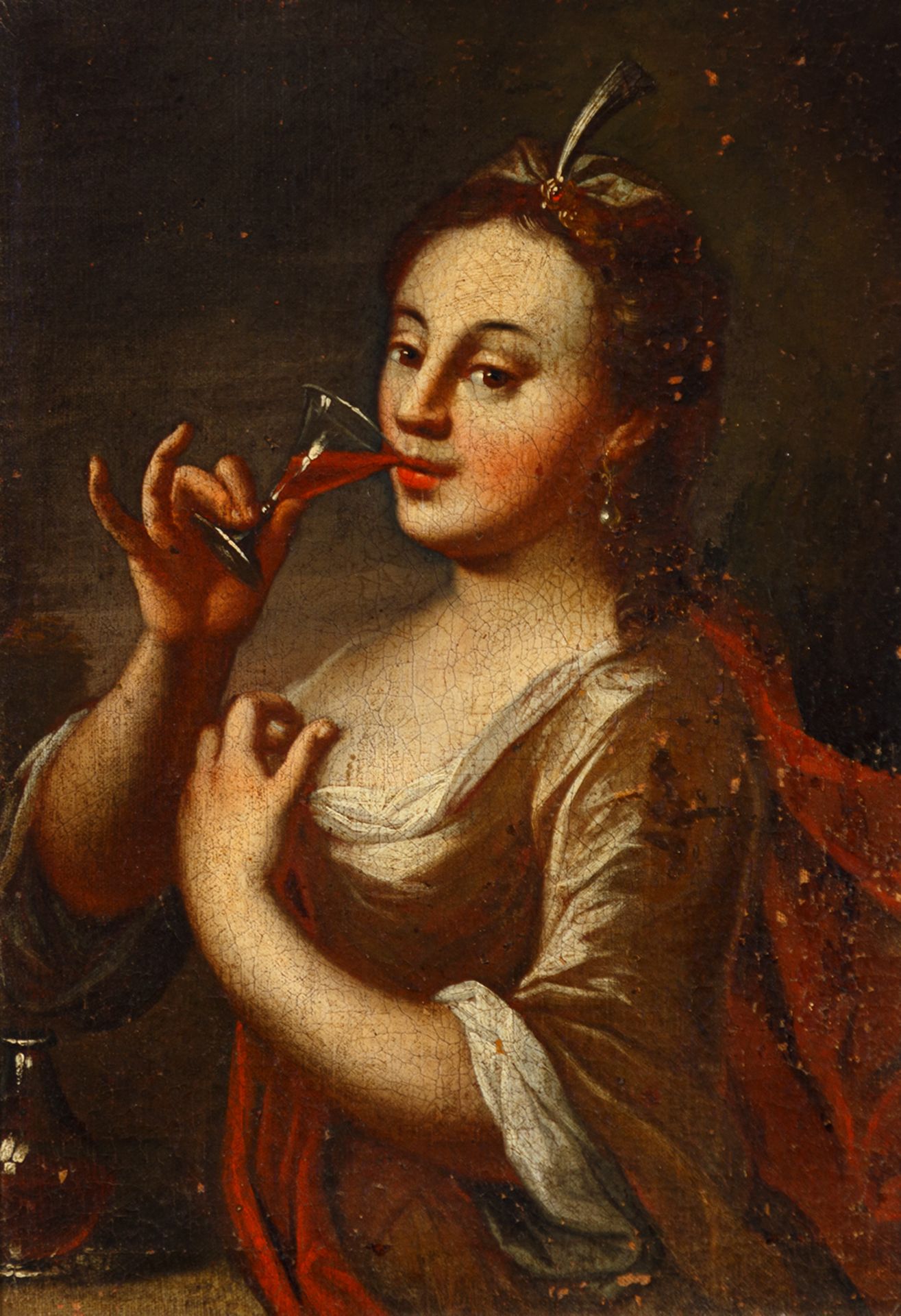 Barockmaler des 18. Jh. Dame nippt an einem Kelchglas. Öl/Lwd. 50 x 35 cm. R