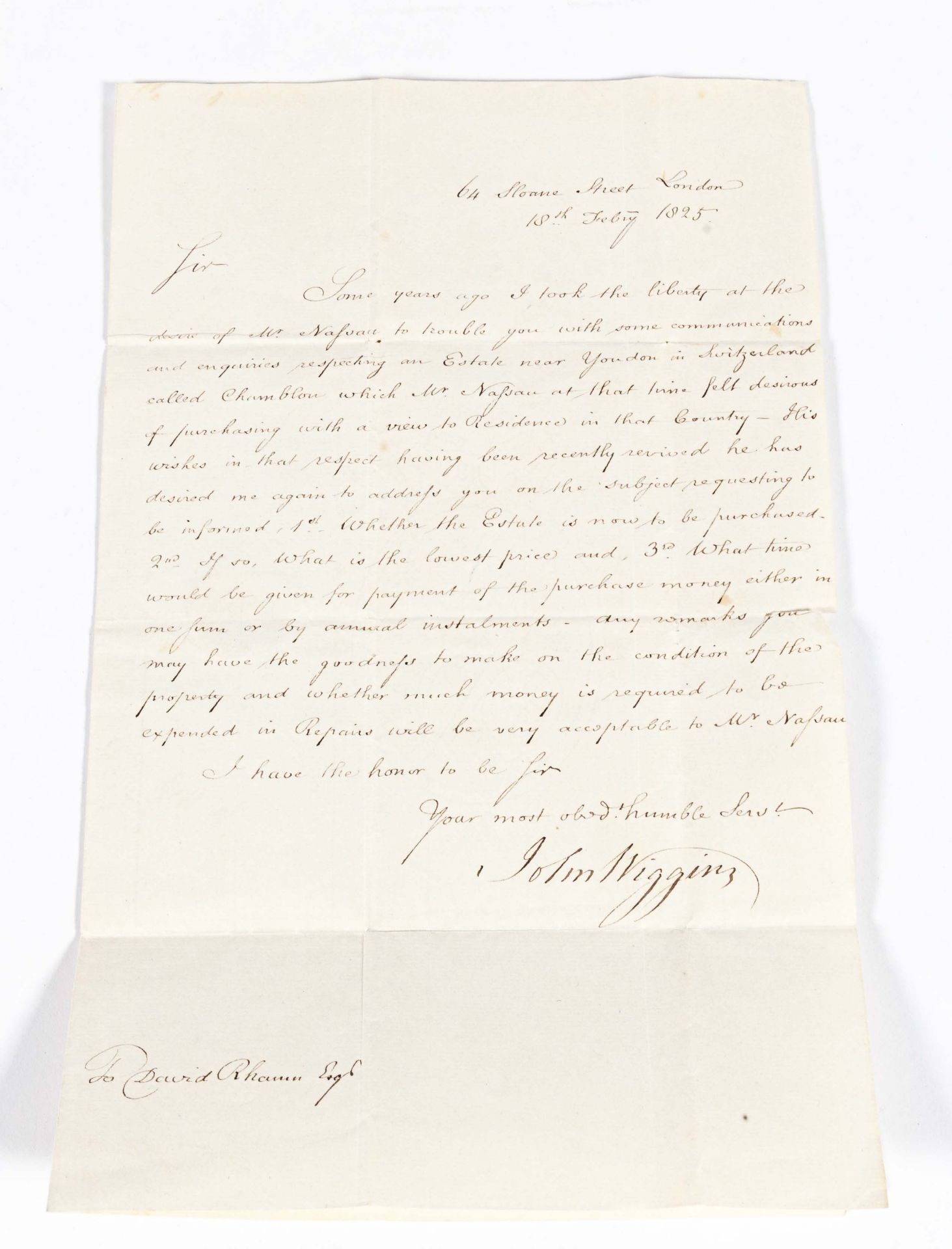 Schweiz: Brief des John Wiggins, 64 Sloane Street London,