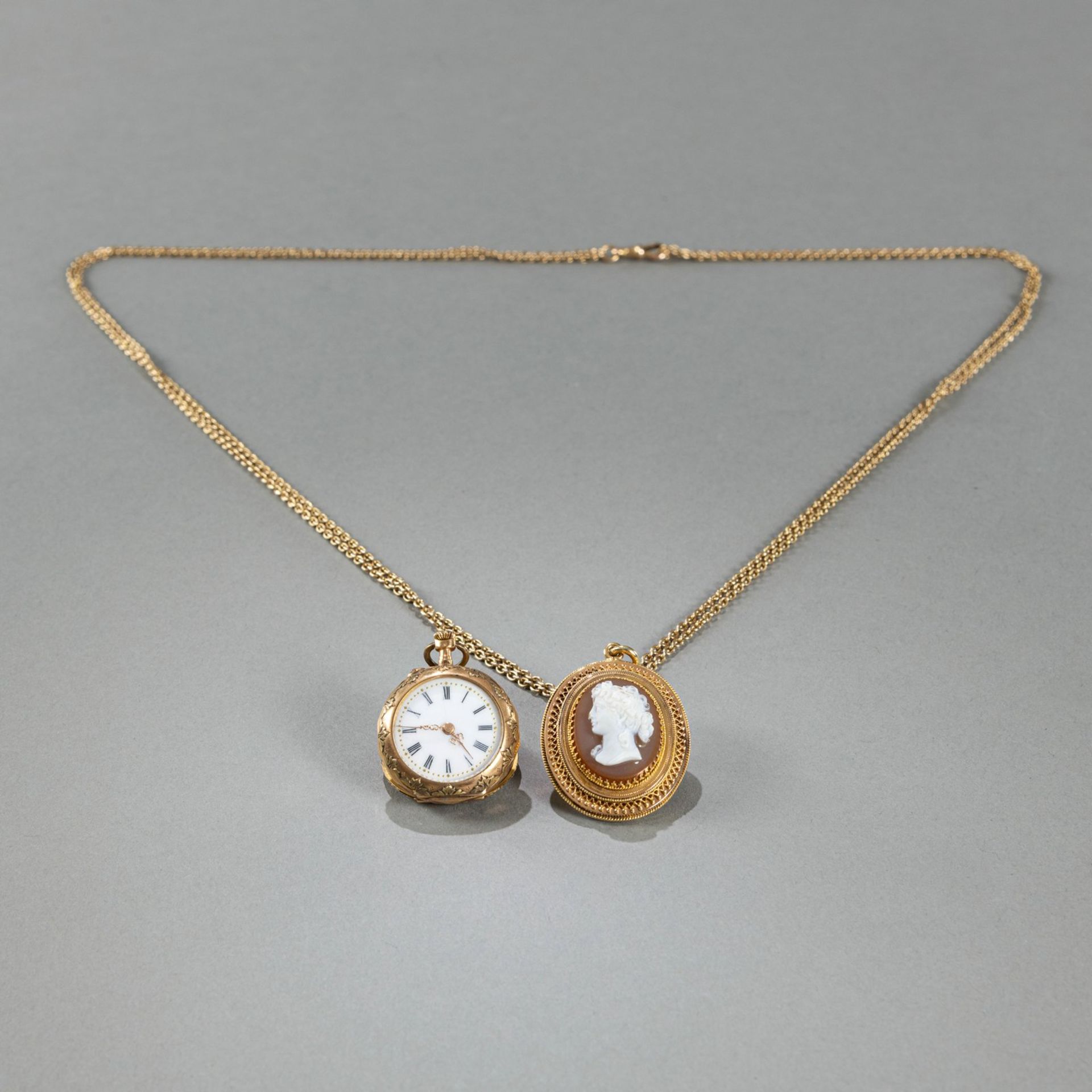 A CAMEO PENDANT WITH NECKLACE AND A LADY'S POCKET WATCH