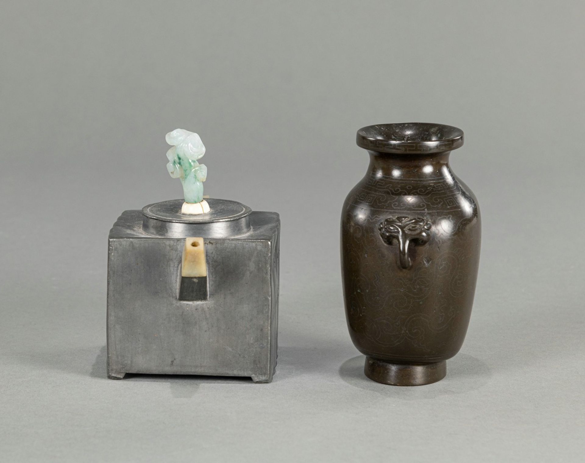 AN INSCRIBED ZISHA AND TIN TEAPOT AND COVER WITH IVORY AND JADEITE HANDLE AND A BRONZE VASE - Image 2 of 7