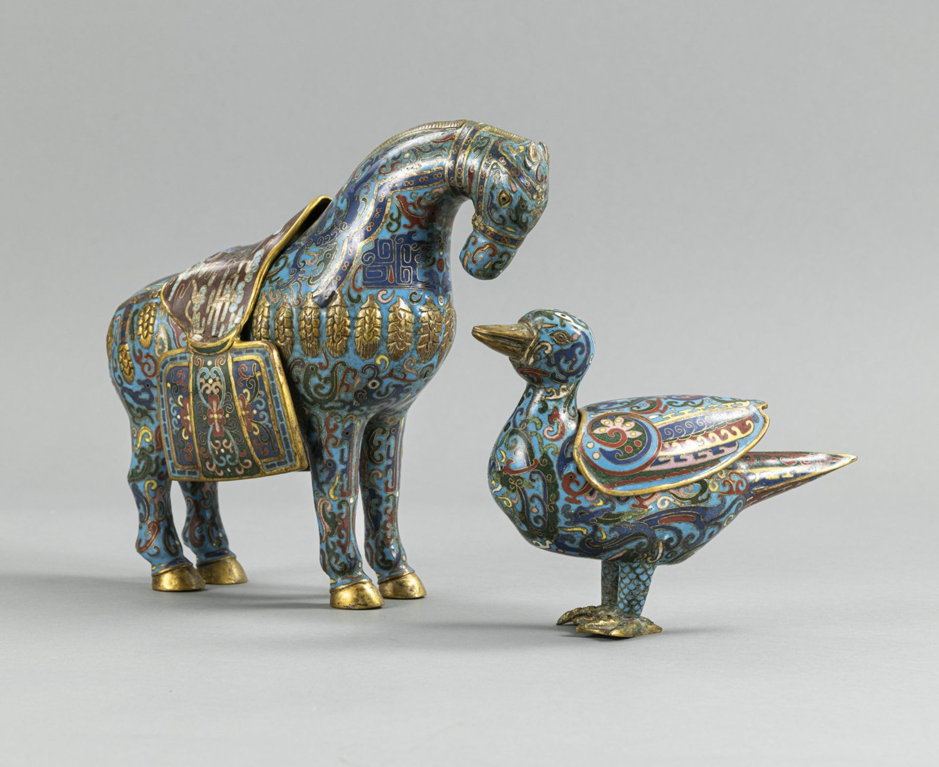 TWO CLOISONNÉ HORSE- AND DUCK-SHAPED CENSERS