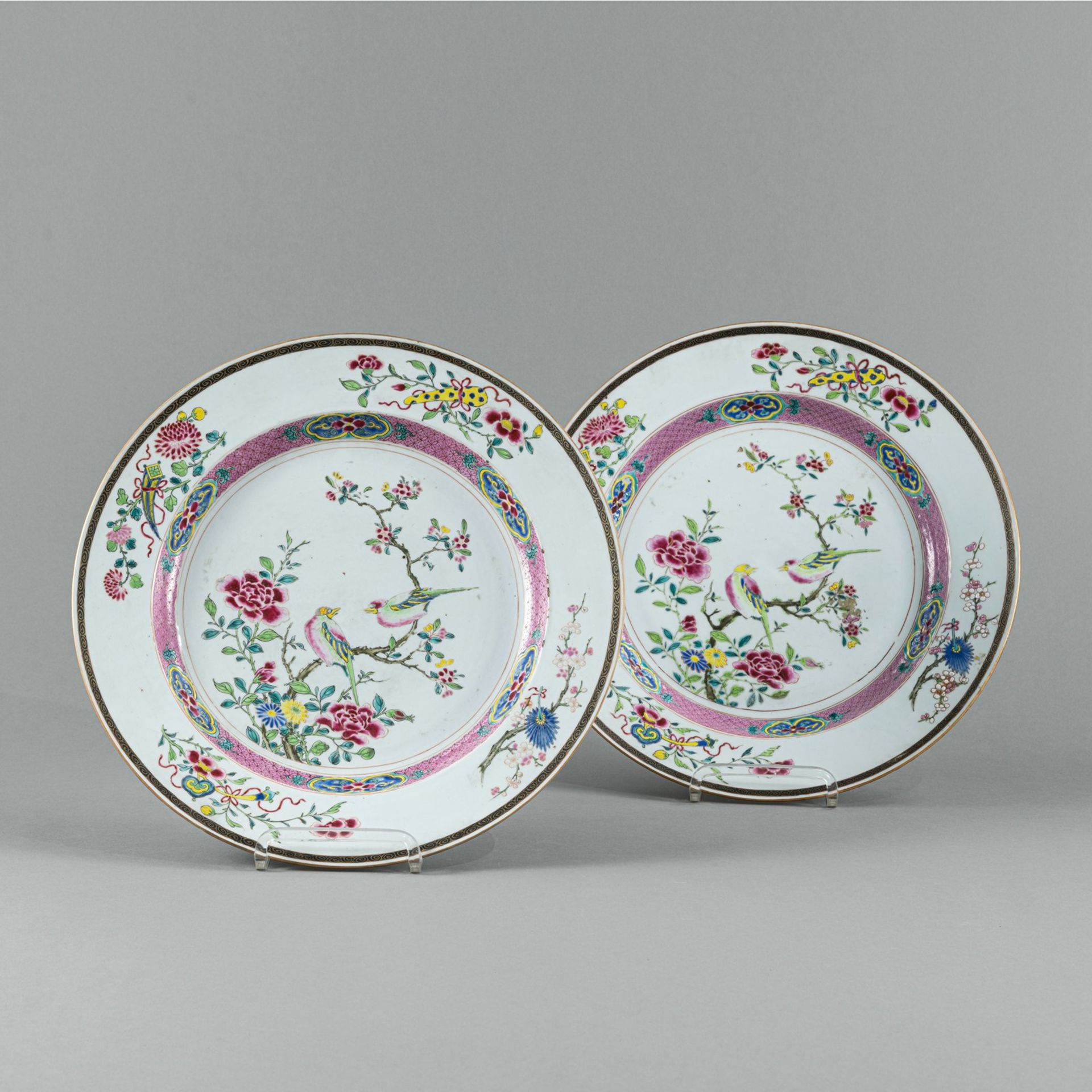 A PAIR OF ' FAMILLE -ROSE' BIRDS AND FLOWERS CHARGERS