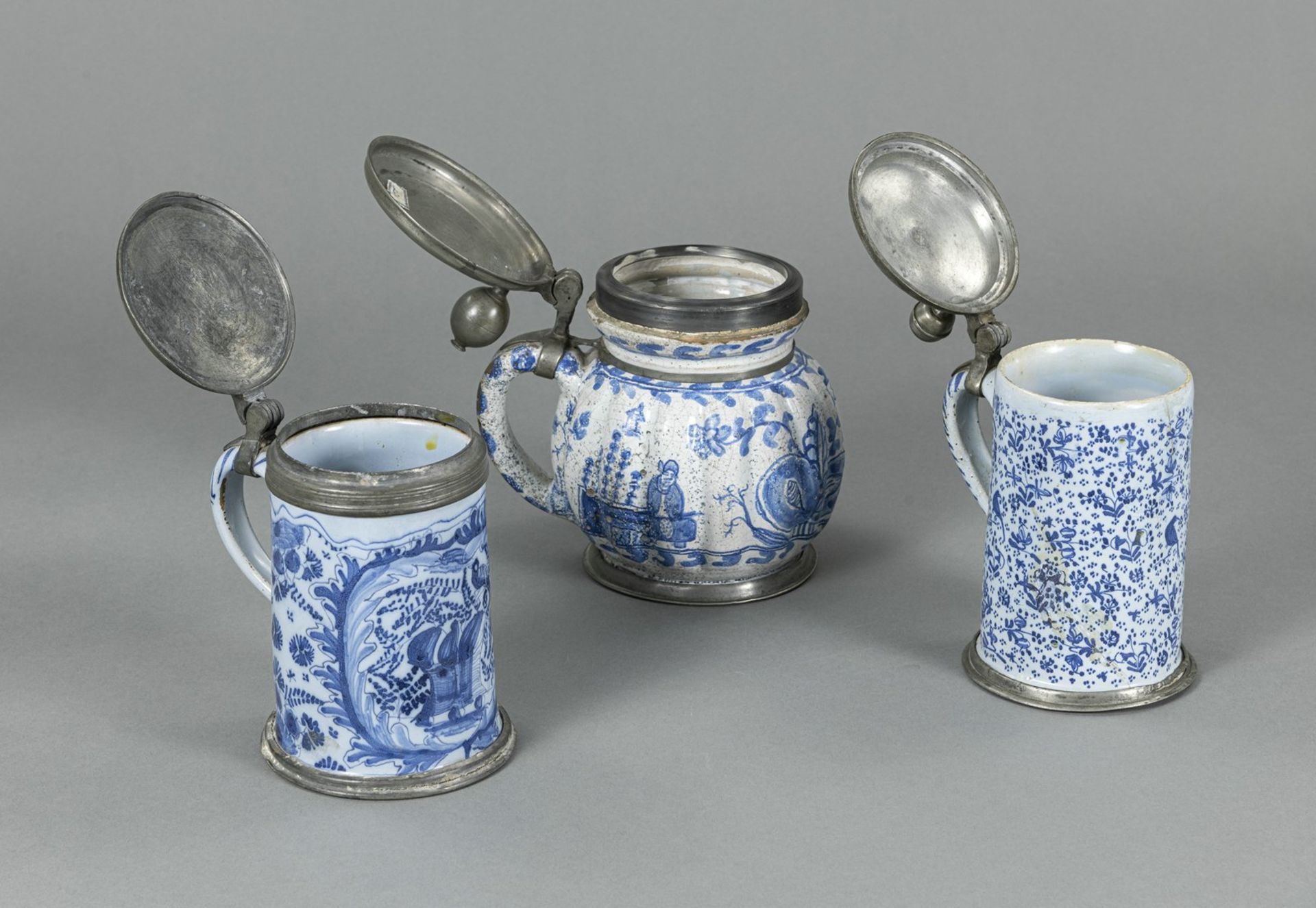 TWO FAYENCE TANKARDS AND A MELON SHAPED FAYENCE POT - Image 3 of 5