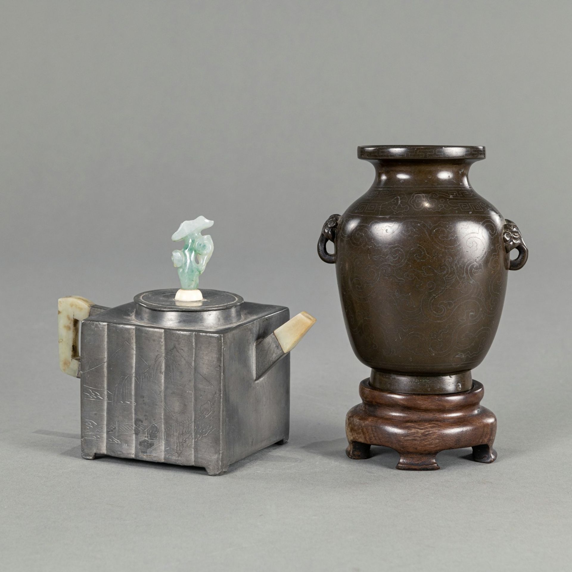 AN INSCRIBED ZISHA AND TIN TEAPOT AND COVER WITH IVORY AND JADEITE HANDLE AND A BRONZE VASE