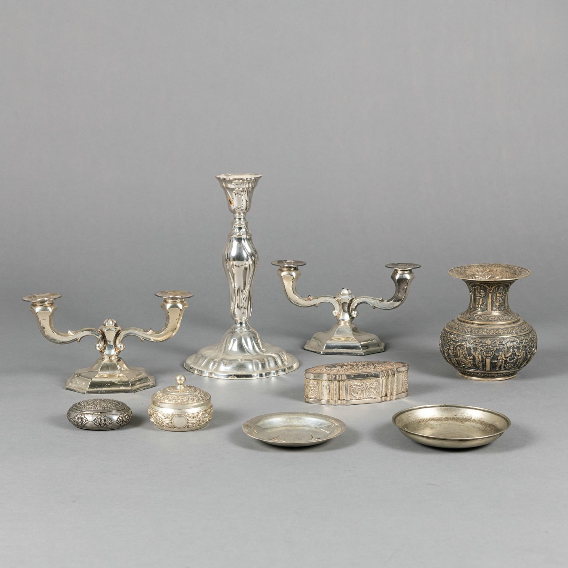 THREE CANDLESTICKS, VASE, SMALL DISHES AND BOXES