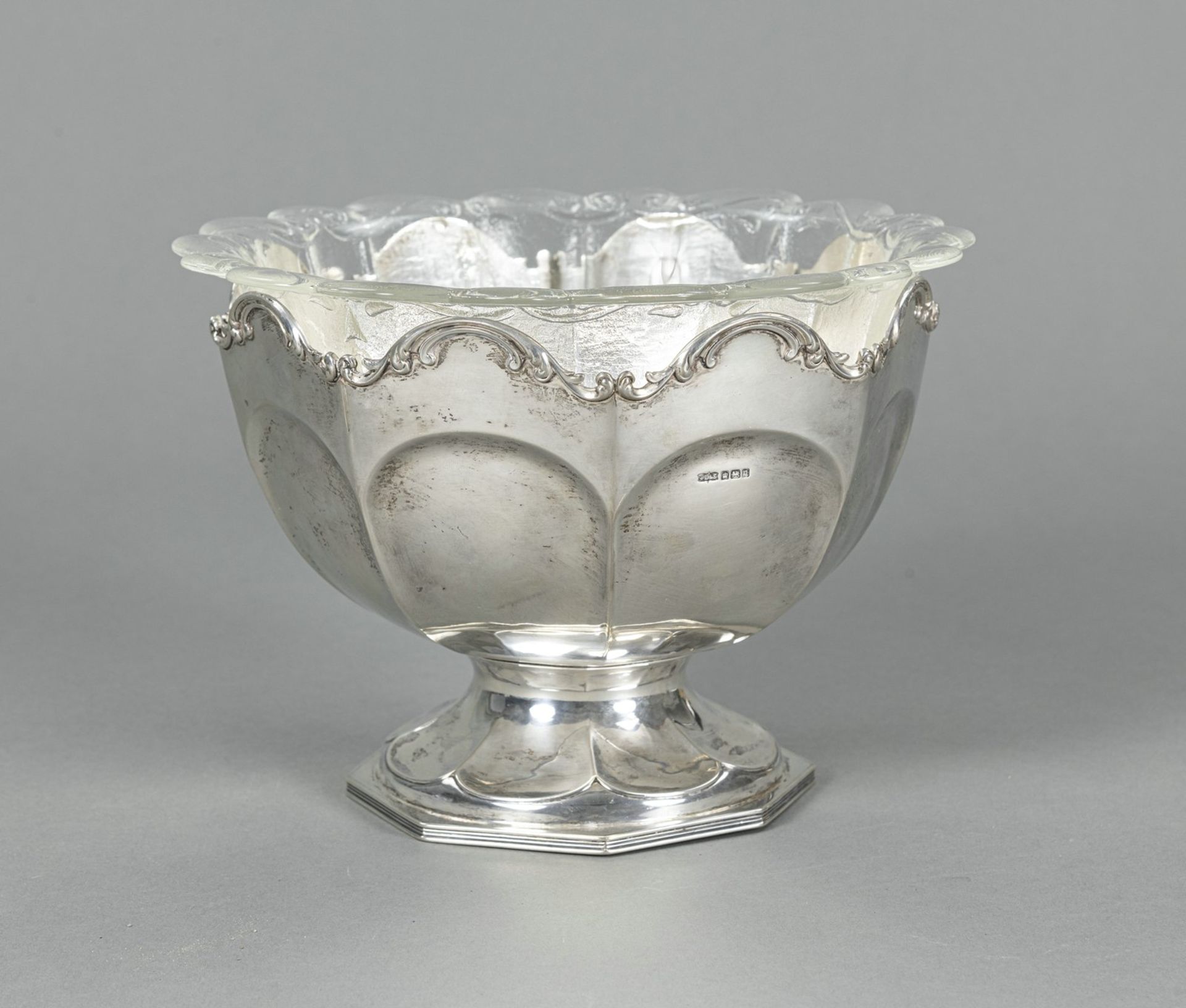 A SILVER BOWL WITH GLASS LINER