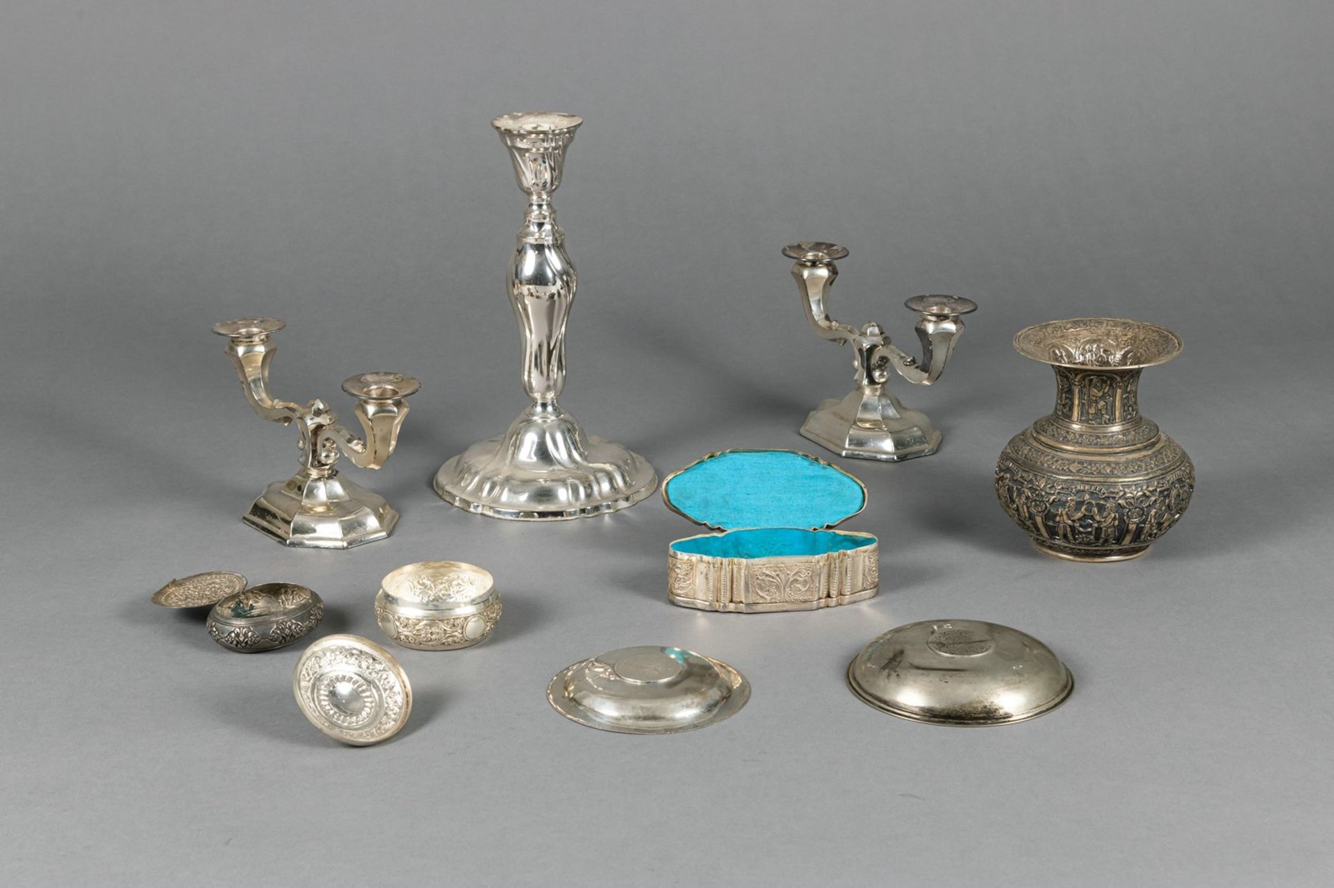 THREE CANDLESTICKS, VASE, SMALL DISHES AND BOXES - Image 2 of 2