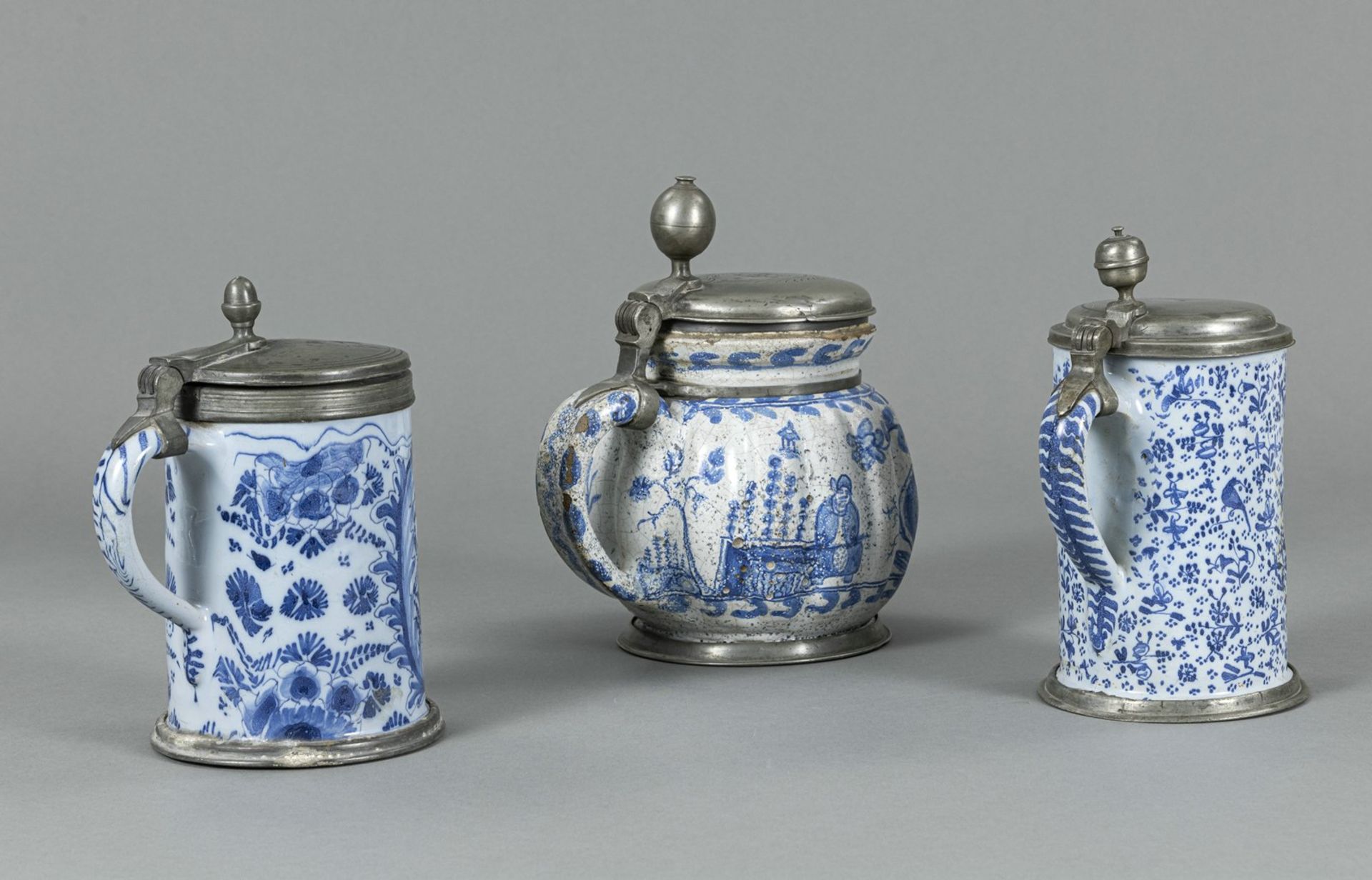 TWO FAYENCE TANKARDS AND A MELON SHAPED FAYENCE POT - Image 2 of 5