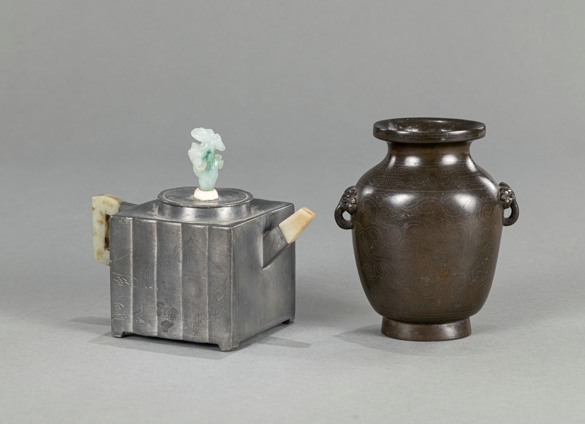 AN INSCRIBED ZISHA AND TIN TEAPOT AND COVER WITH IVORY AND JADEITE HANDLE AND A BRONZE VASE - Image 6 of 7