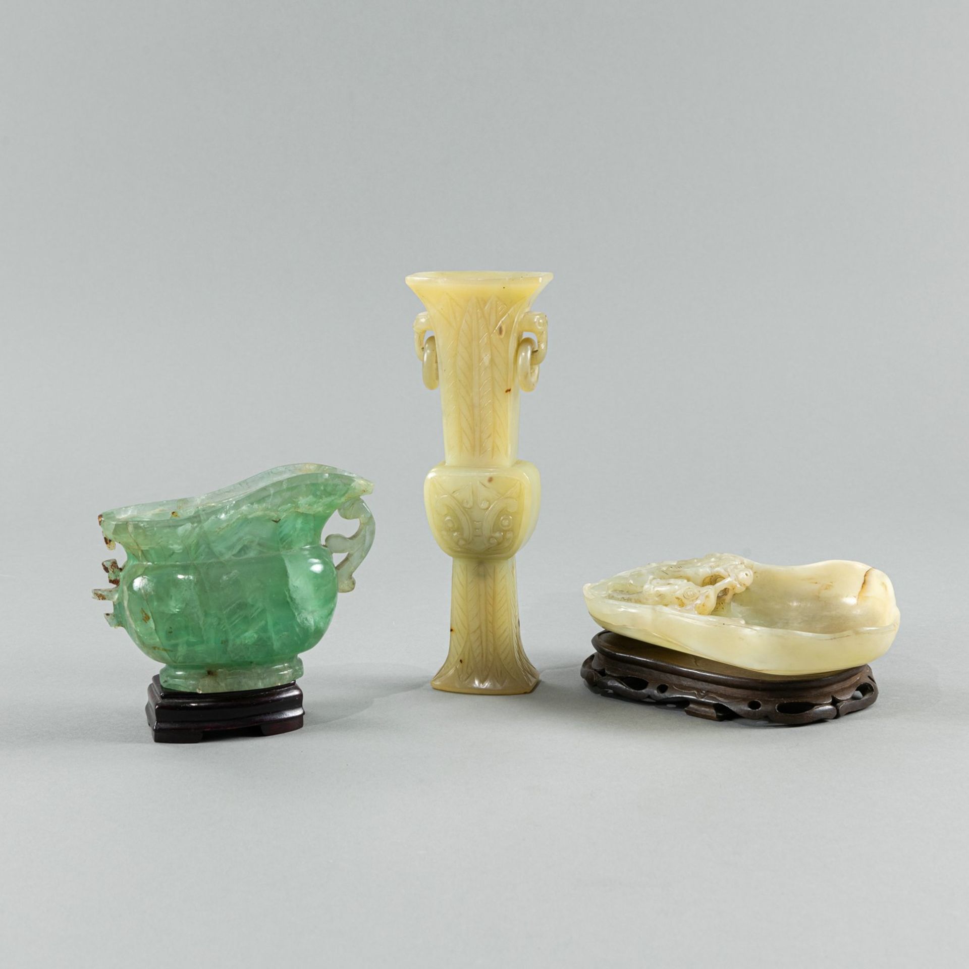 A CARVED BOVENIT VASE, BRUSH WASHER AND WINE CUP