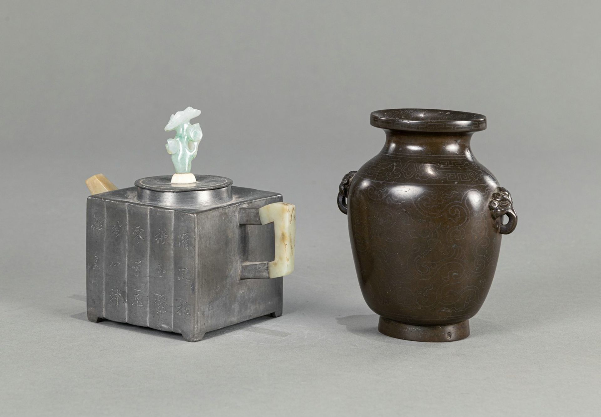 AN INSCRIBED ZISHA AND TIN TEAPOT AND COVER WITH IVORY AND JADEITE HANDLE AND A BRONZE VASE - Image 3 of 7