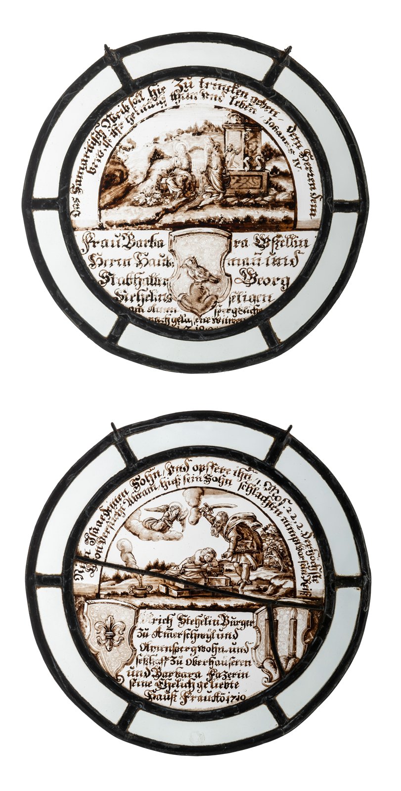 A PAIR OF STAINED GLASS ROUNDELS WITH COAT OF ARMS
