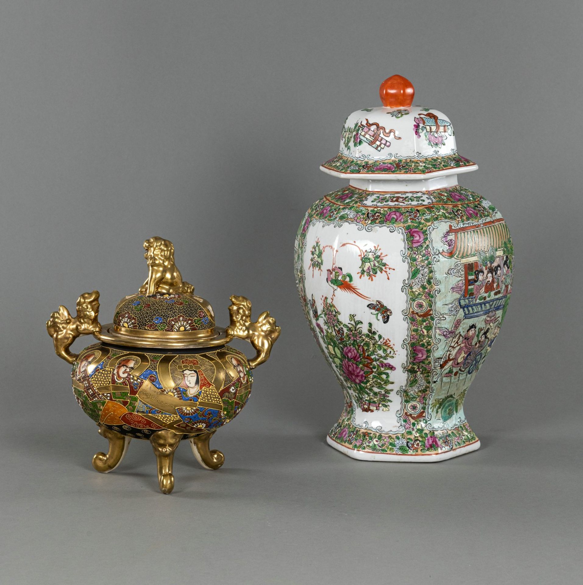 A 'FAMILLE ROSE' VASE AND COVER AND A SATSUMA KORO - Image 3 of 5