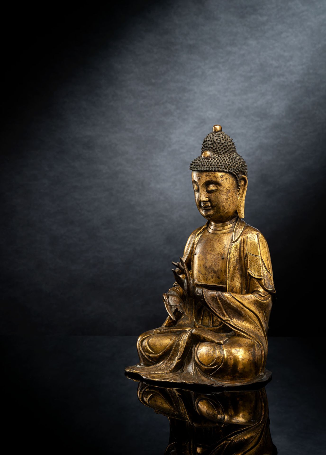 A FINE GILT-BRONZE FIGURE OF BUDDHA SHAKYAMUNI - Image 2 of 15