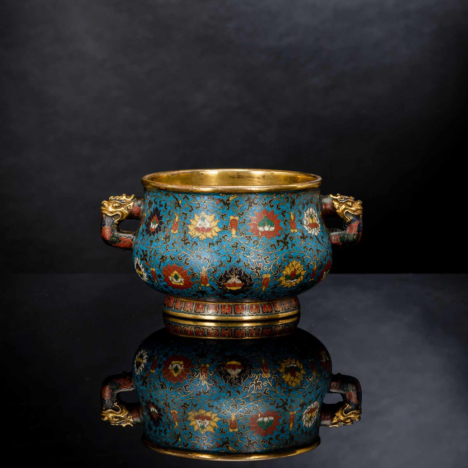 A PART-GILT CLOISONNÉ ENAMEL CENSER WITH LOTOS