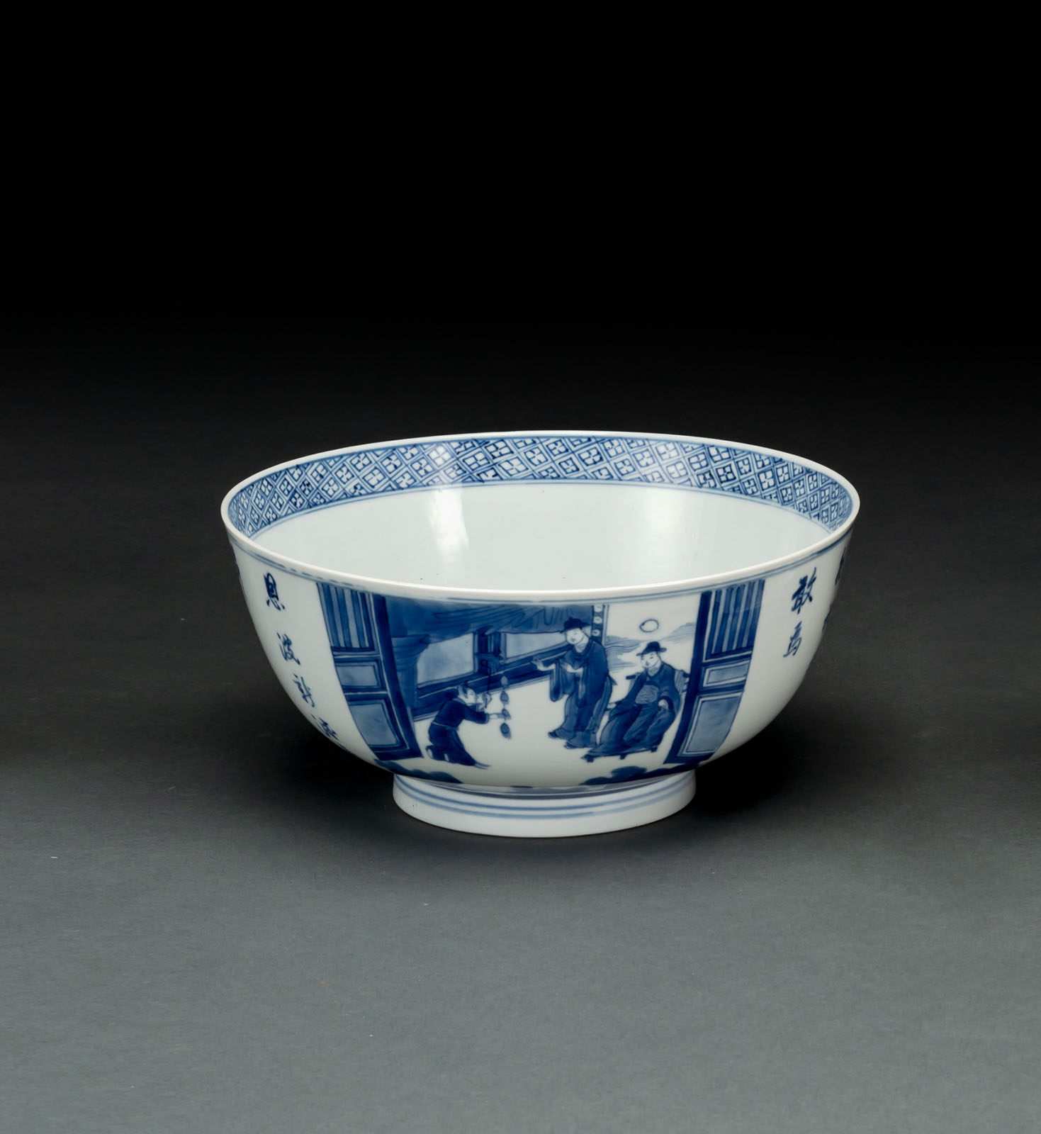 A GOOD BLUE AND WHITE PORCELAIN BOWL WITH POEMS AND ROMAN SCENES  FROM THE XIXIANGJI