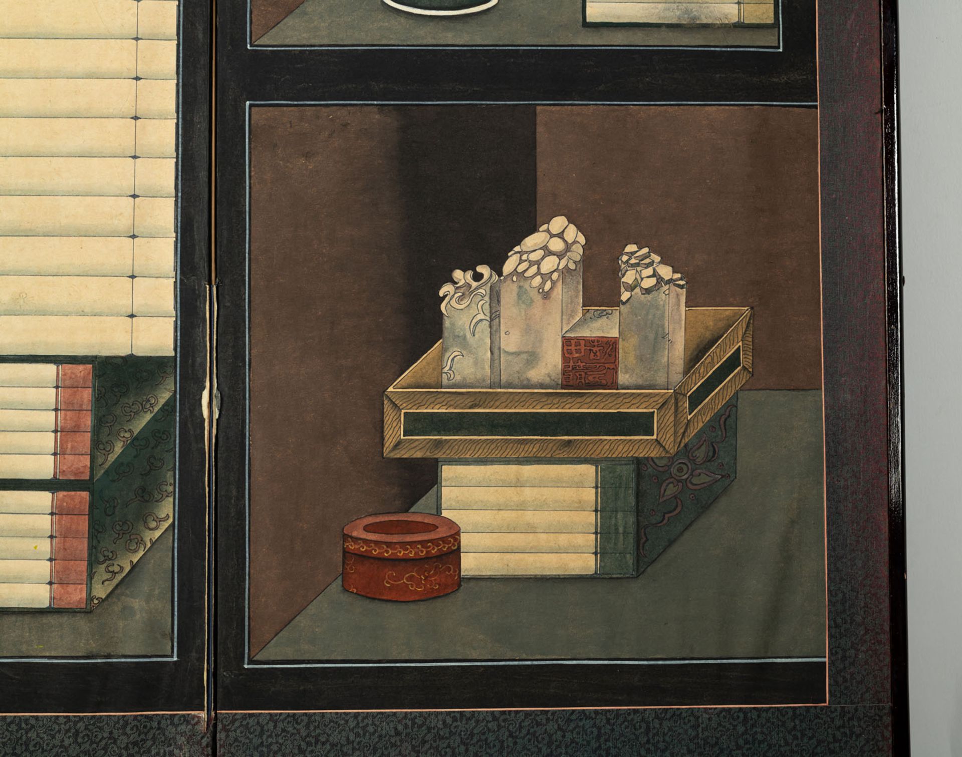 A RARE EIGHT-PANEL 'CHAEKGEORI' SCREEN DEPCITNG THE INTERIOR OF A SCHOLAR - Image 13 of 15