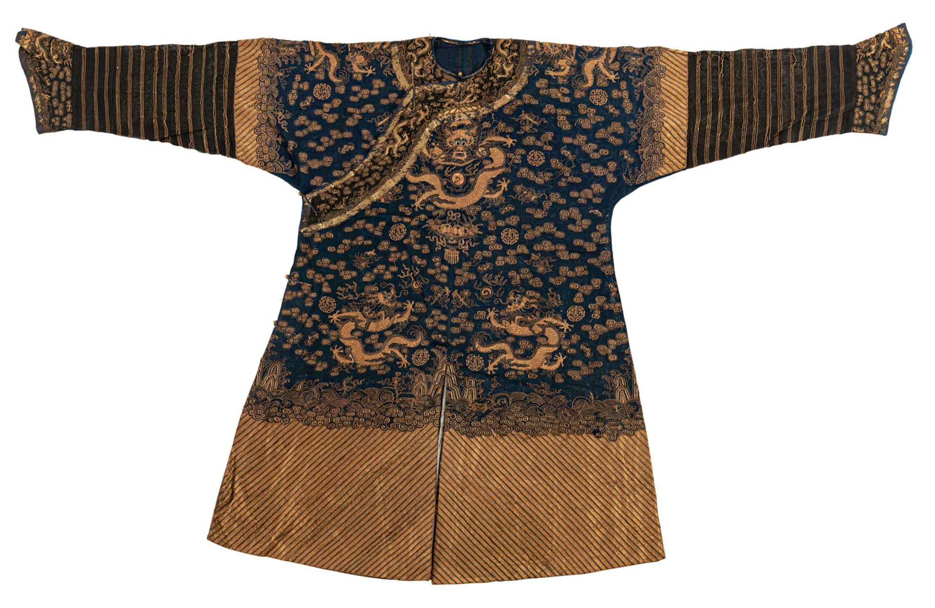 NAVY BLUE DRAGON ROBE (JIFU) IN SHA AND GOLD EMBROIDERY FOR A GENTLEMAN