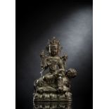 Möglicherweise Manjushri auf einem Löwen sitzend aus Bronze