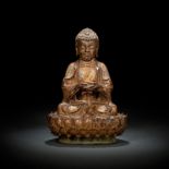 Bronze des Buddha Shakyamuni auf einem Lotos sitzend mit Lackauflage und Vergoldung