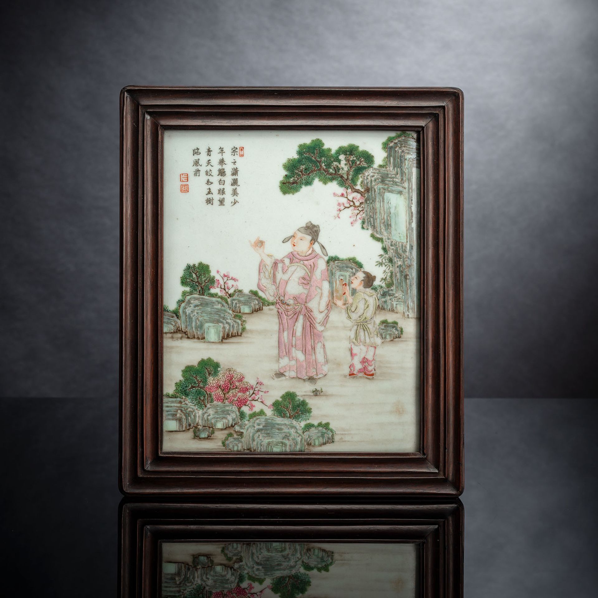 A FINE PORCELAIN PANEL WITH CUI ZONGZHI AS TANG PERIOD SCHOLAR AND POEM IN THE STLYE OF TANG YING (