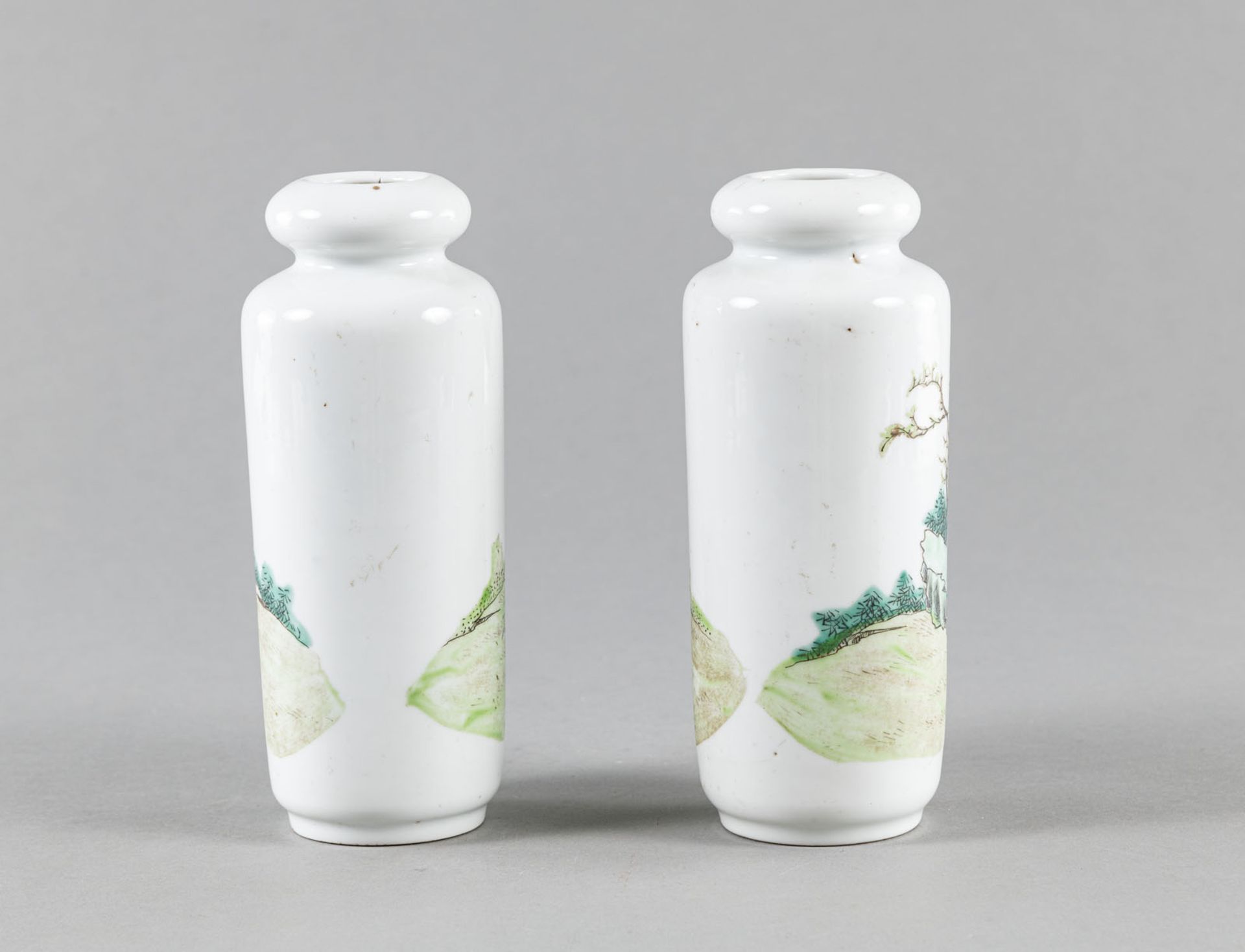 A PAIR OF CYLINDRICAL 'FAMILLE ROSE' SCHOLAR WITH BOY VASES - Image 2 of 4