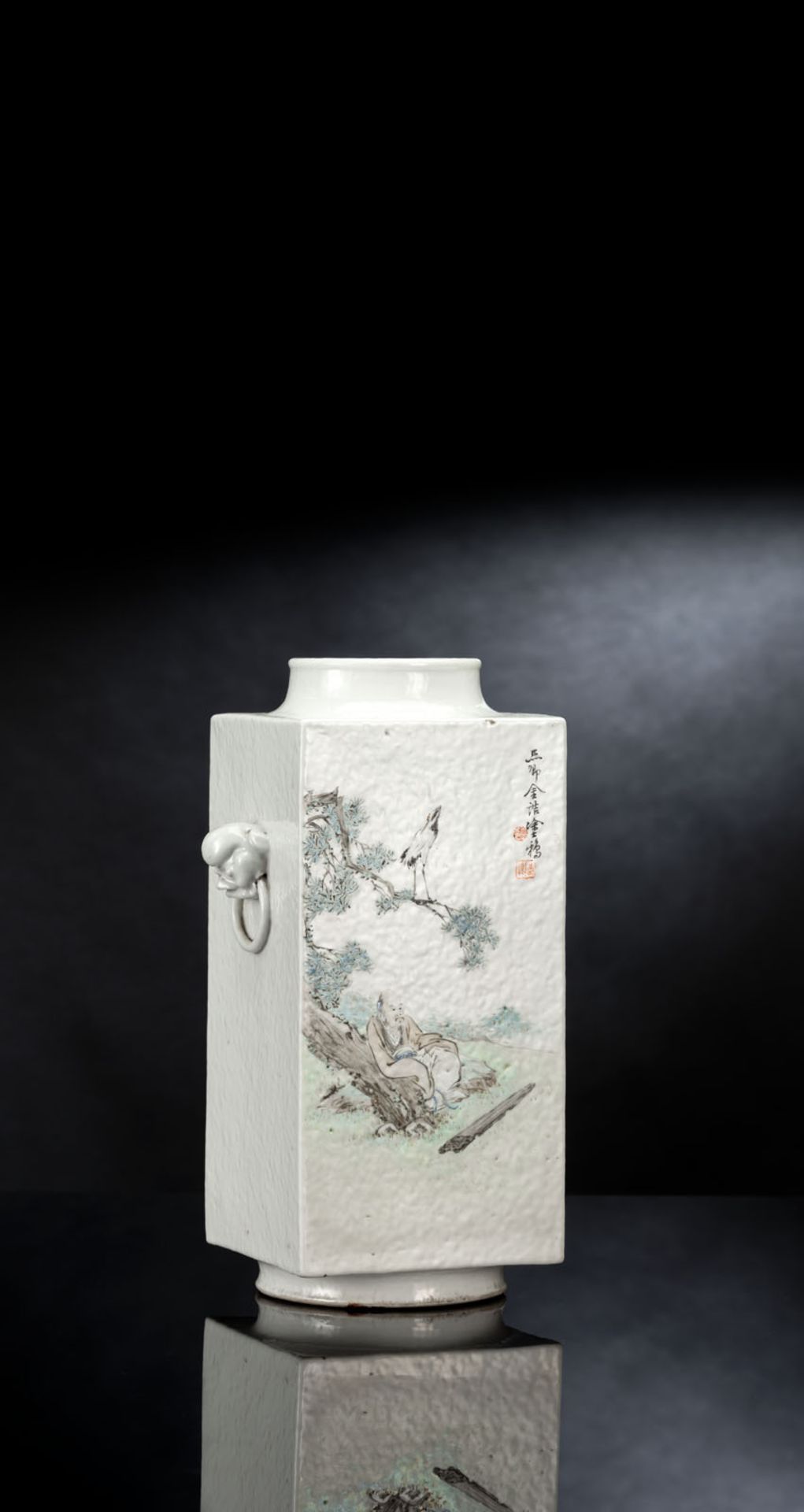 A CONG-SHAPED PORCELAIN VASE WITH A SCENE OF A SCHOLAR AND A LANDSCAPE BY JIN GAO - Image 2 of 2