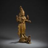 Bronze der Parvati auf einem Lotos mit einem Löwen stehend