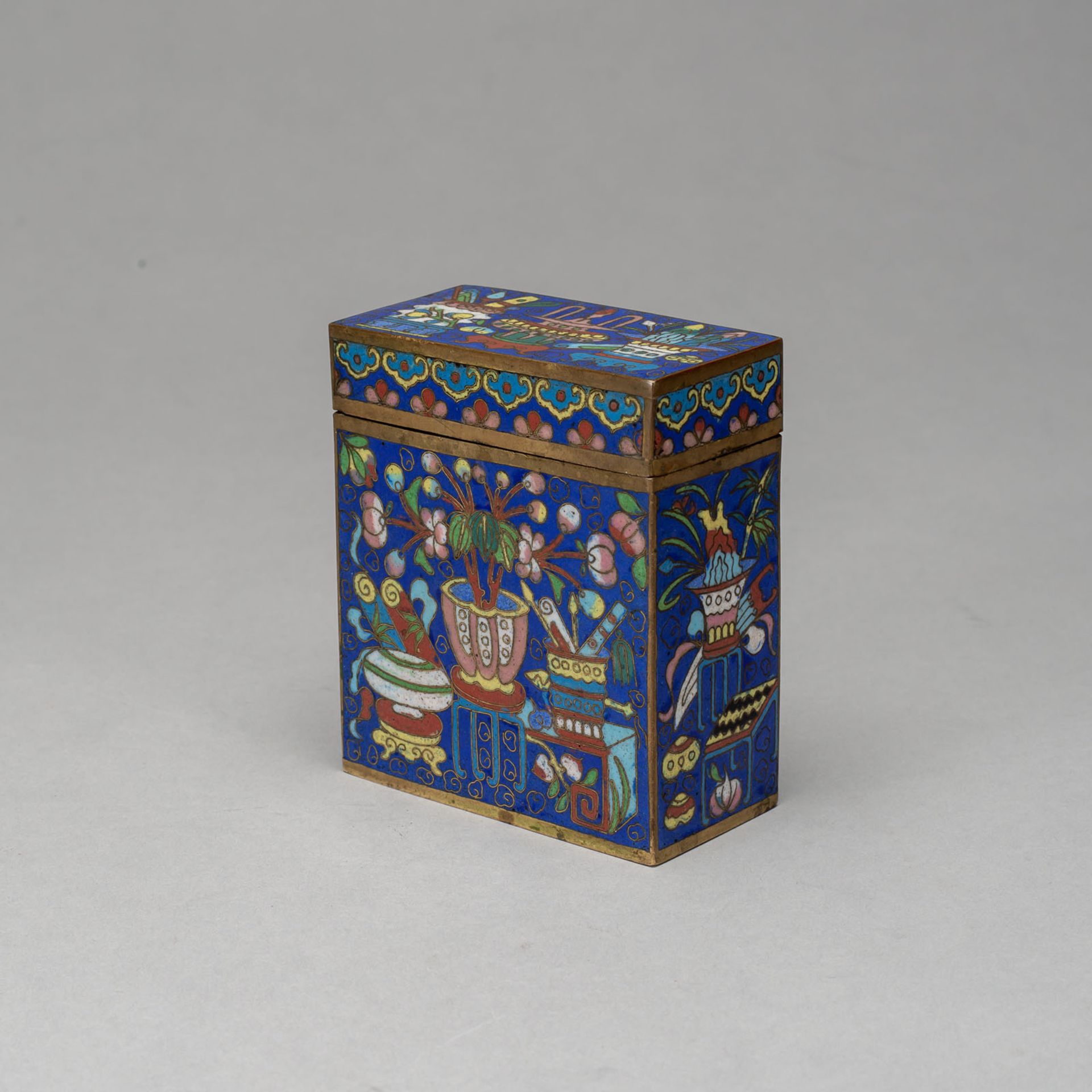 A CLOISONNÉ ENAMEL FLOWERS AND ANTIQUITIES BOX WITH COVER