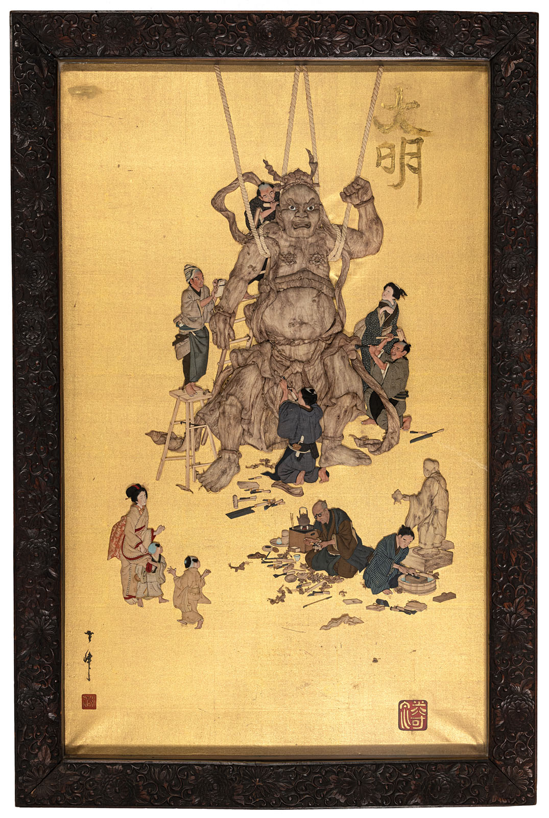 A VERY FINE OSHIE DEPICTING THE CARVING OF A NIÔ STATUE WITH ARTISANS AND SPECTATORS - Image 10 of 10
