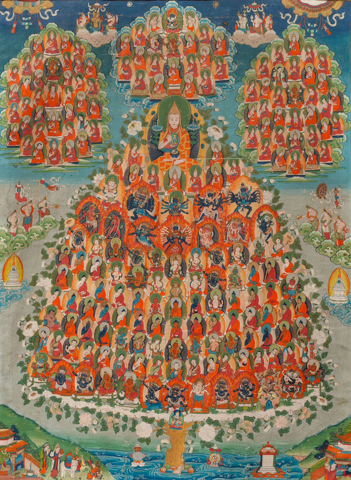 A LARGE THANGKA DEPICTING TSHOG SHING WITH SILK BROCADE MOUNTING - Image 2 of 4