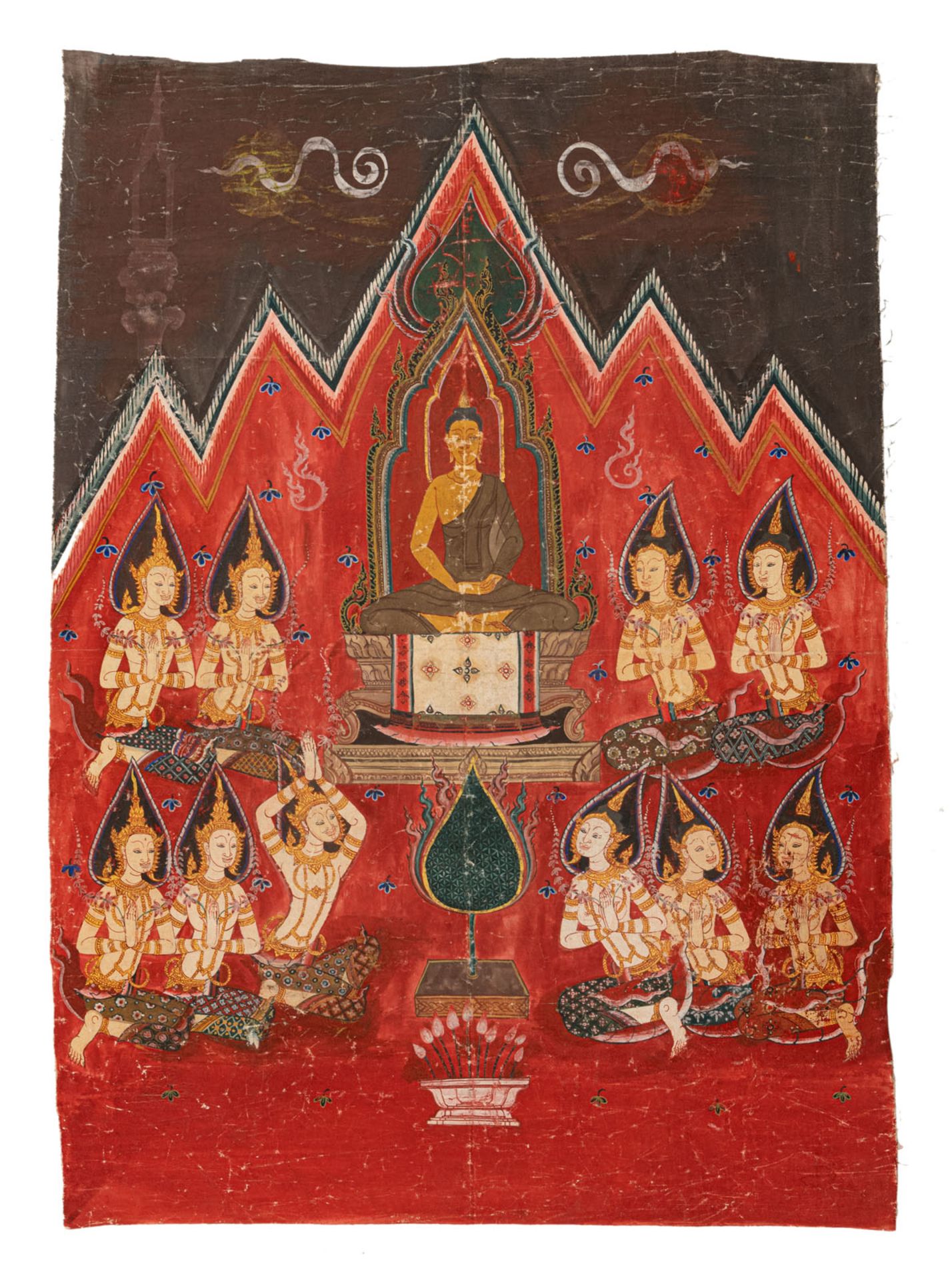 A PAINTING DEPICTING BUDDHA WITH WORSHIPPERS