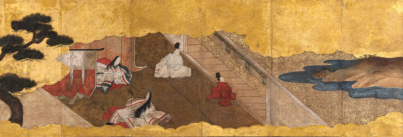A SIX-PANEL KANO  SCHOOLFOLDING SCREEN WITH A SCENE FROM THE GENJI MONOGATARI MOUNTED ON A WOODEN F