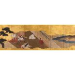Sechsteiliger Faltschirm der Kano-Schule mit Szene aus dem Genji Monogatari auf einen Rahmen aufgez