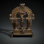 Bronze von Shri Devi, Bhu und Parvati auf einem Thron