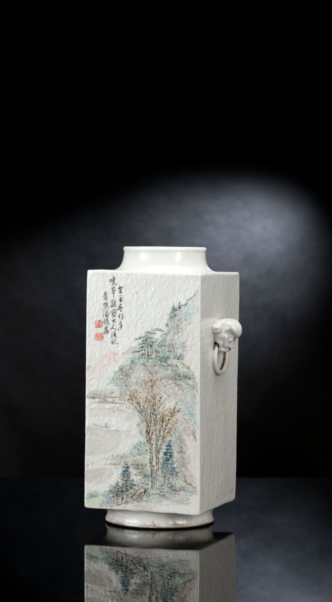 A CONG-SHAPED PORCELAIN VASE WITH A SCENE OF A SCHOLAR AND A LANDSCAPE BY JIN GAO