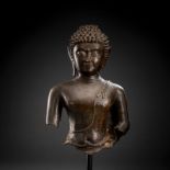 Büste des Buddha Shakyamuni aus Bronze mit eingelegten Augen in Perlmutt