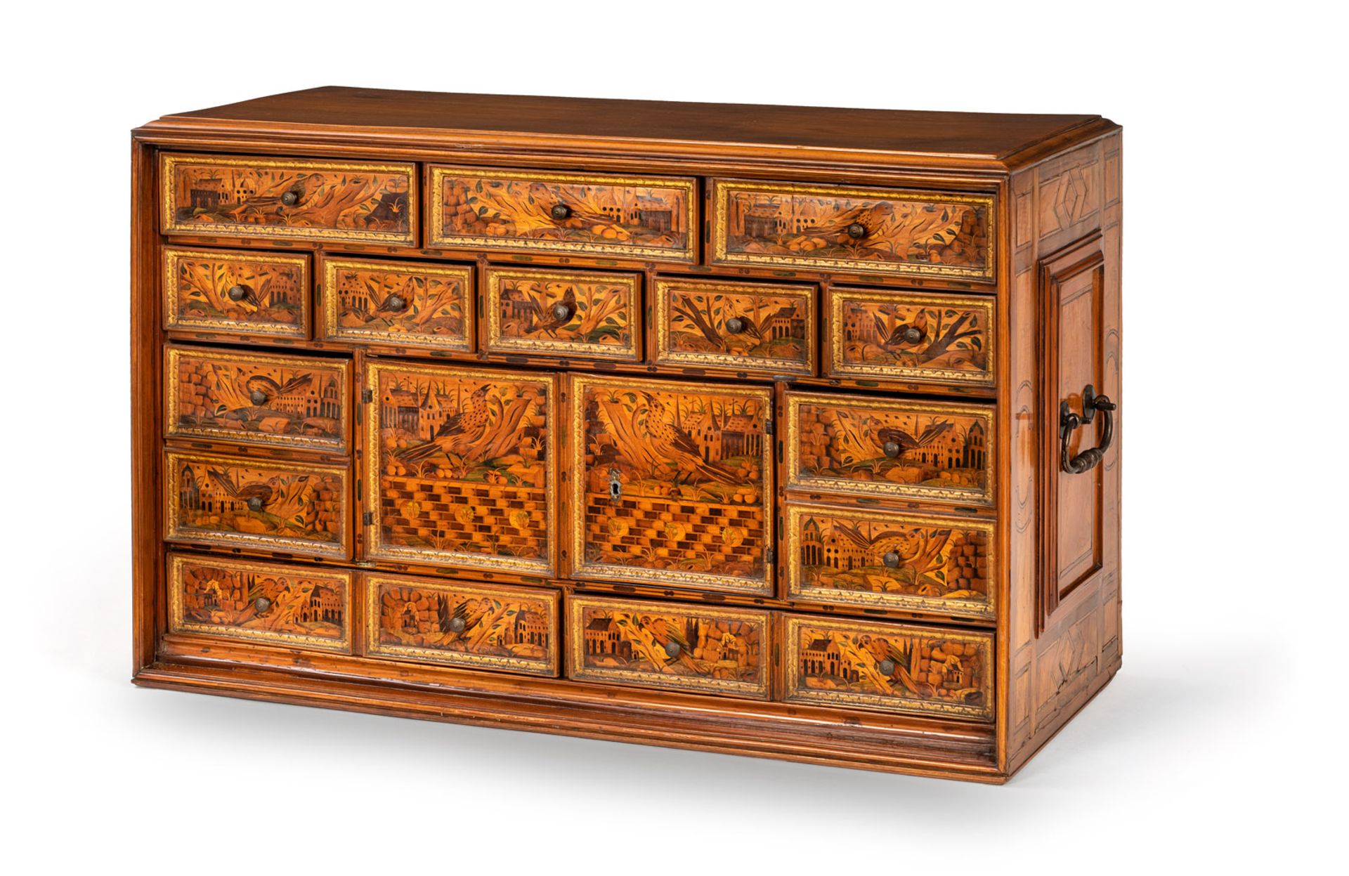 A FINE SOUTH GERMAN PARCEL GILT FRUITWOOD, ASH, SYCAMORE AND MARQUETRY CABINET