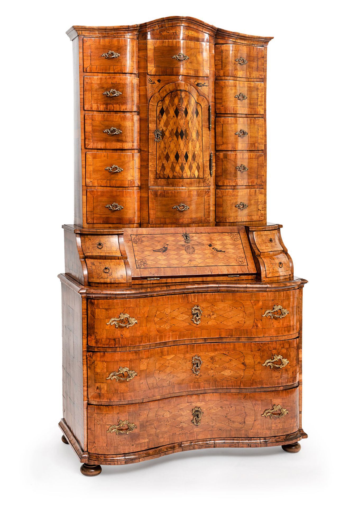 A BAROQUE BRASS MOUNTED WALNUT MARQUETRIED SECRETAIRE-A-TROIS-CORPS