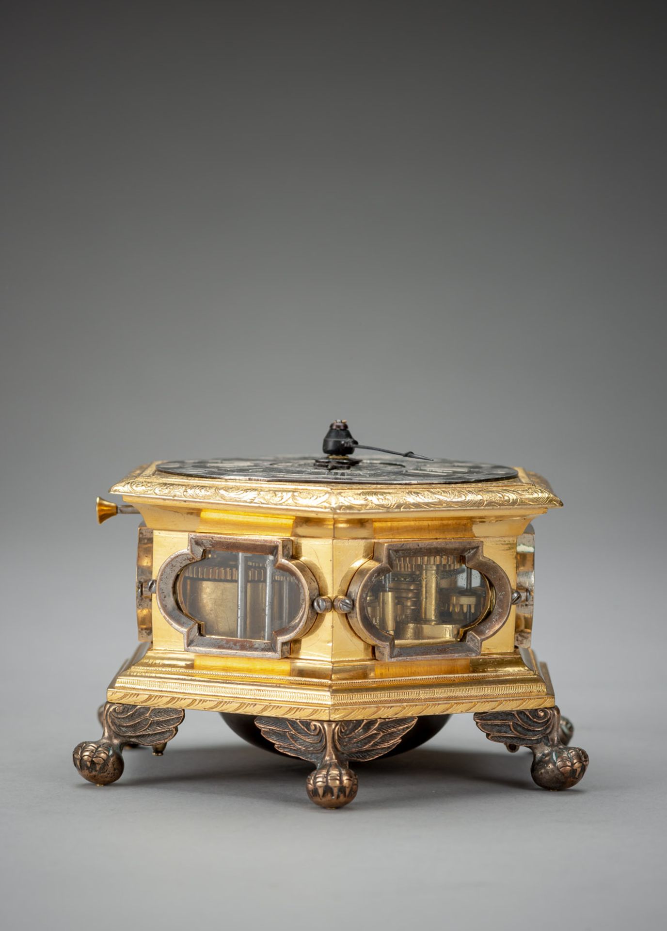 A SMALL GERMAN HEXAGONAL QUARTER STRIKING AND ALARM HORIZONTAL TABLE CLOCK - Image 5 of 8