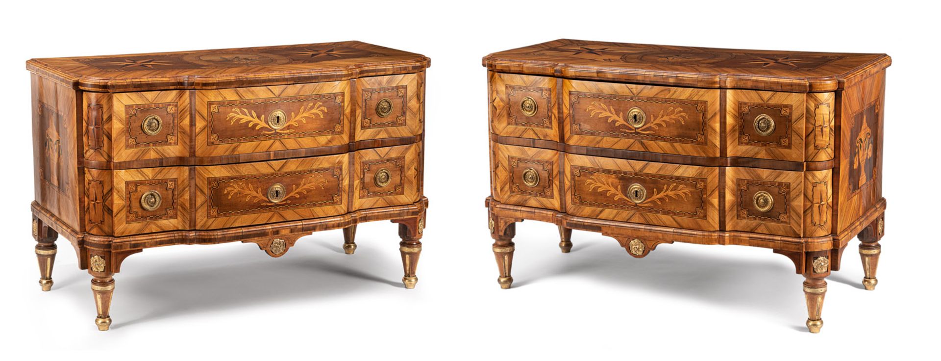 A RARE PAIR OF BRONZE AND BRASS MOUNTED  WALNUT, KING WOOD AND TULIP WOOD MARQUETRIED EMPIRE COMMOD