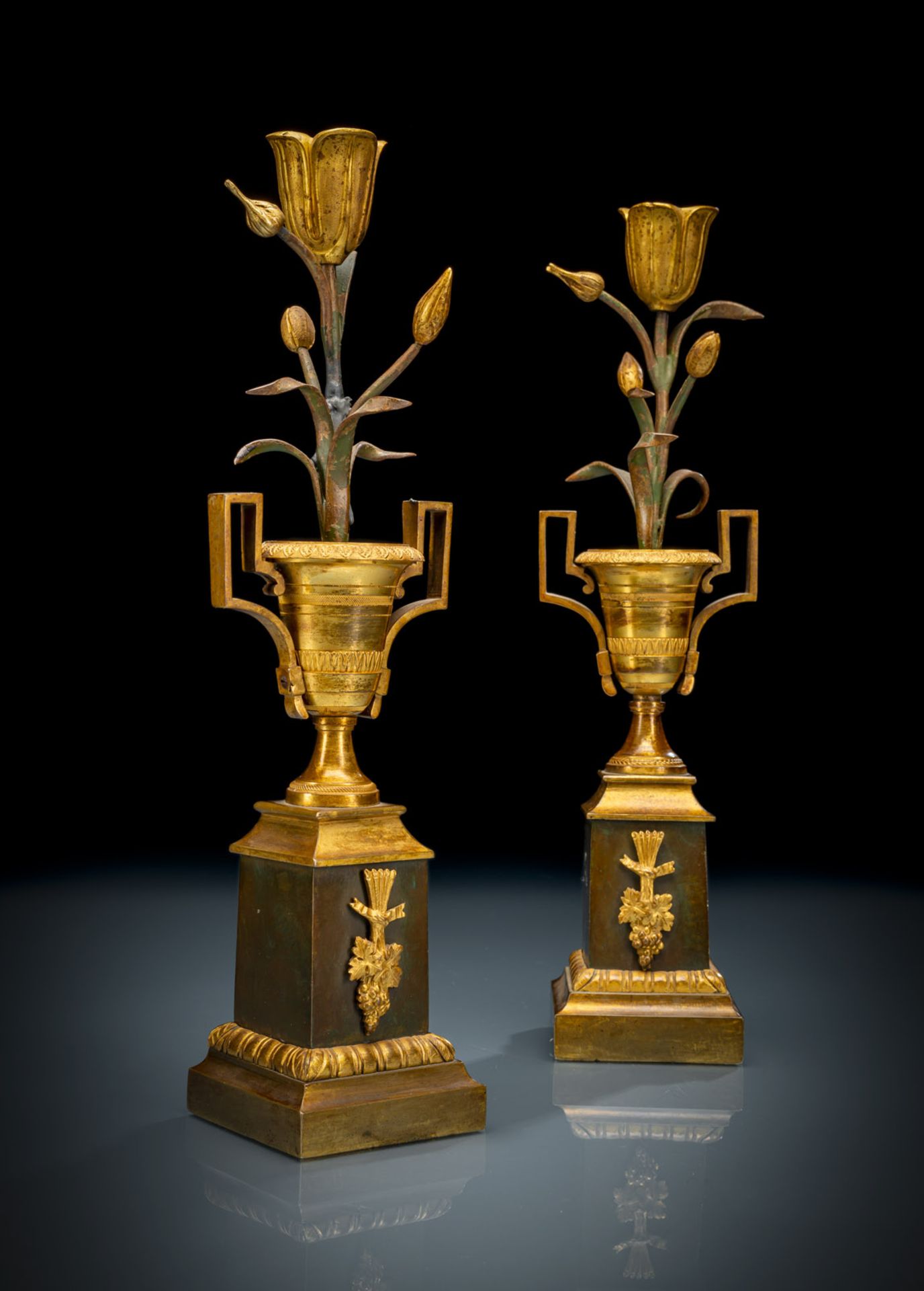 A PAIR OF ORMOLU AND PAINTED BRONZE EMPIRE CANDLESTICKS - Image 2 of 4