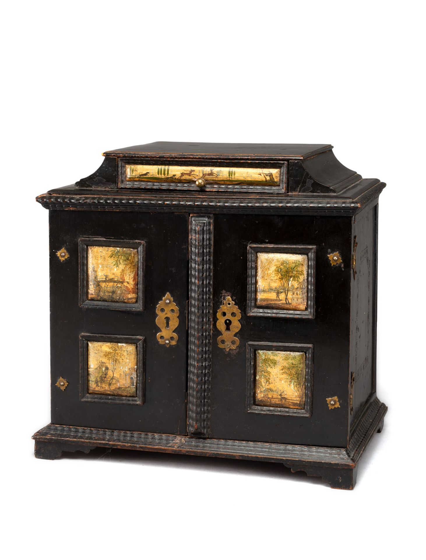 A SOUTH GERMAN EBONIZED AND POLYCHROME PAINTED TABLE CABINET - Image 2 of 7