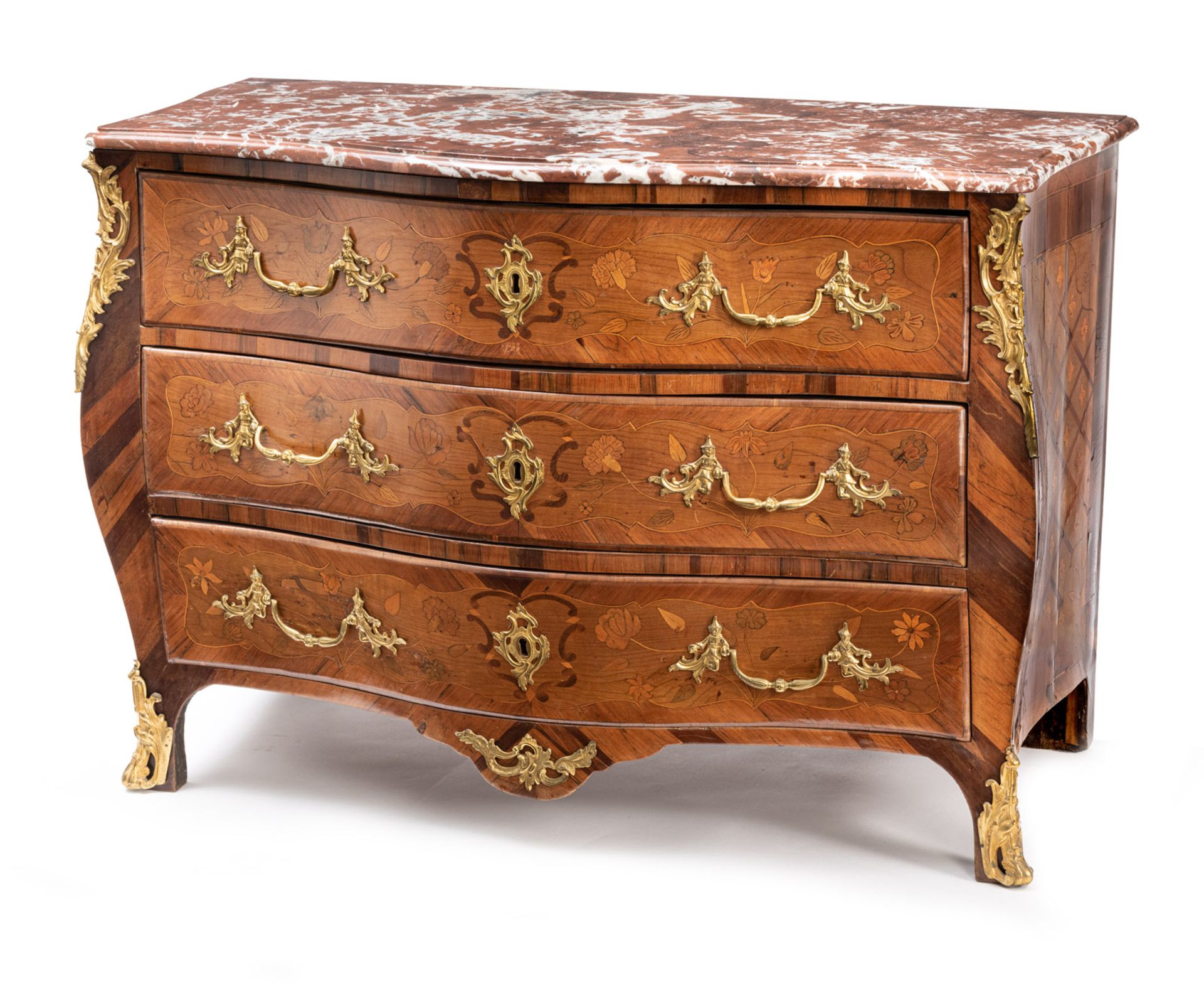 A FINE LOUIS XV BRONZE MOUNTED MAHOGANY, KING WOOD AND OTHERS COMMODE