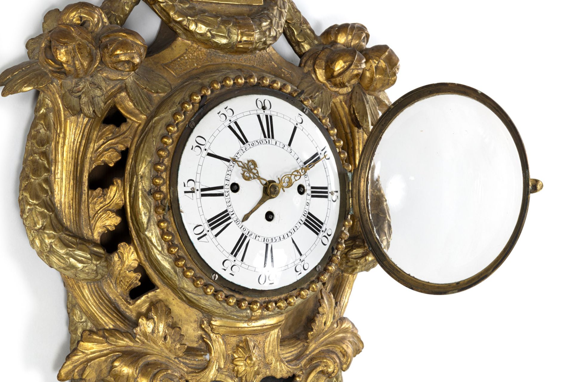 A GILTWOOD LOUIS XVI CARTEL WALL CLOCK - Image 3 of 6