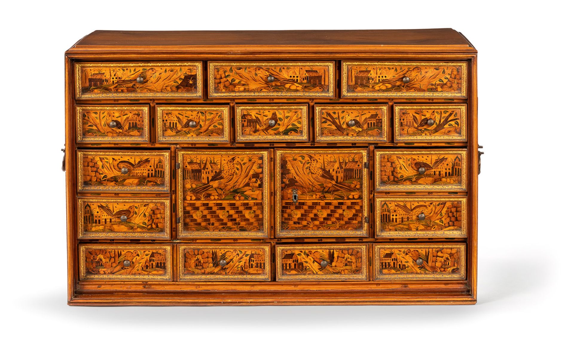 A FINE SOUTH GERMAN PARCEL GILT FRUITWOOD, ASH, SYCAMORE AND MARQUETRY CABINET - Image 3 of 12