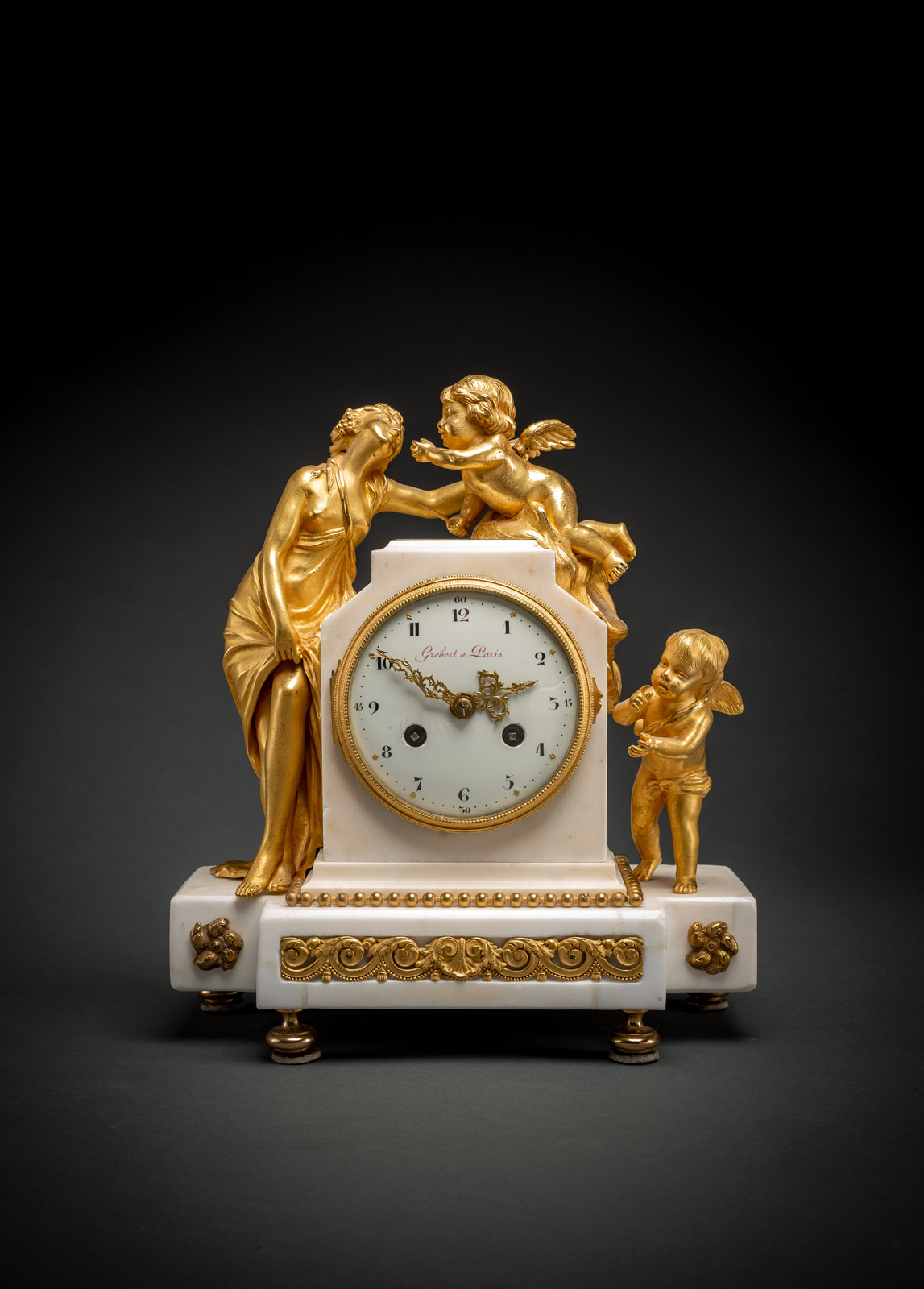 A FINE LOUIS XVI ORMOLU AND MARBLE PENDULE WITH AMOR AND PSYCHE